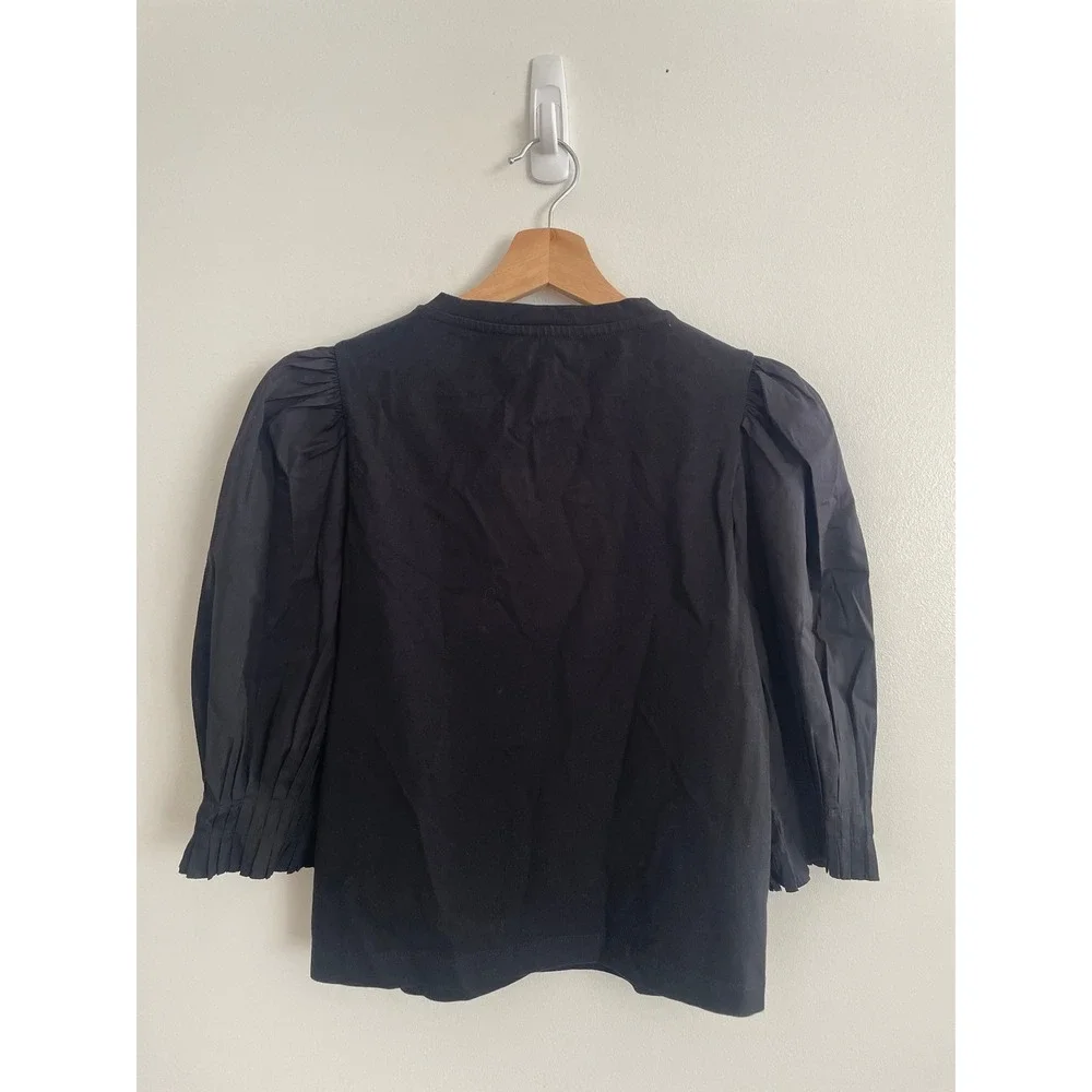 NWT Madewell Puff Sleeve Top Women Small Black Mixed Media Poplin NV971